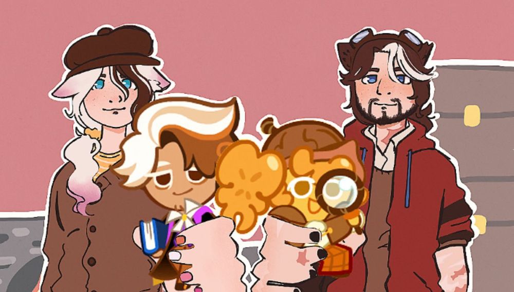 digital drawing of bagi cubita holding (and showing to the camera) cappuccino cookie from cookie run and cellbit cubito holding walnut cookie from cookie run in a similar, mirrored pose with a simple background with minecraft furnaces and chests