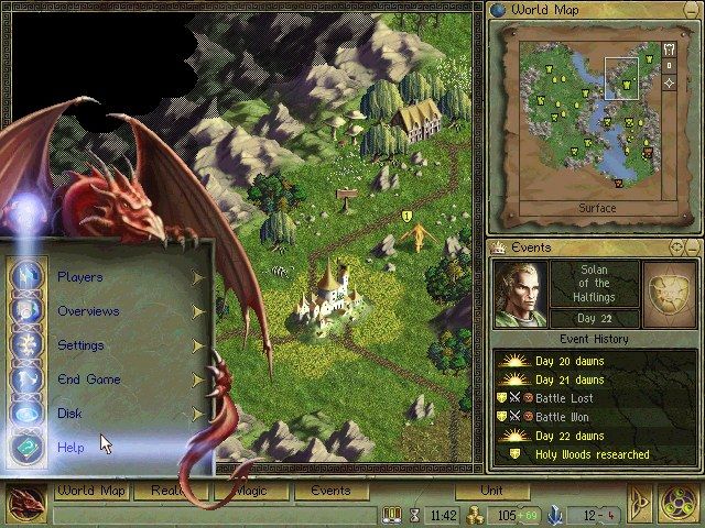 A screenshot of the original Age of Wonders UI with a big honkin' dragon just chilling behind the menu.