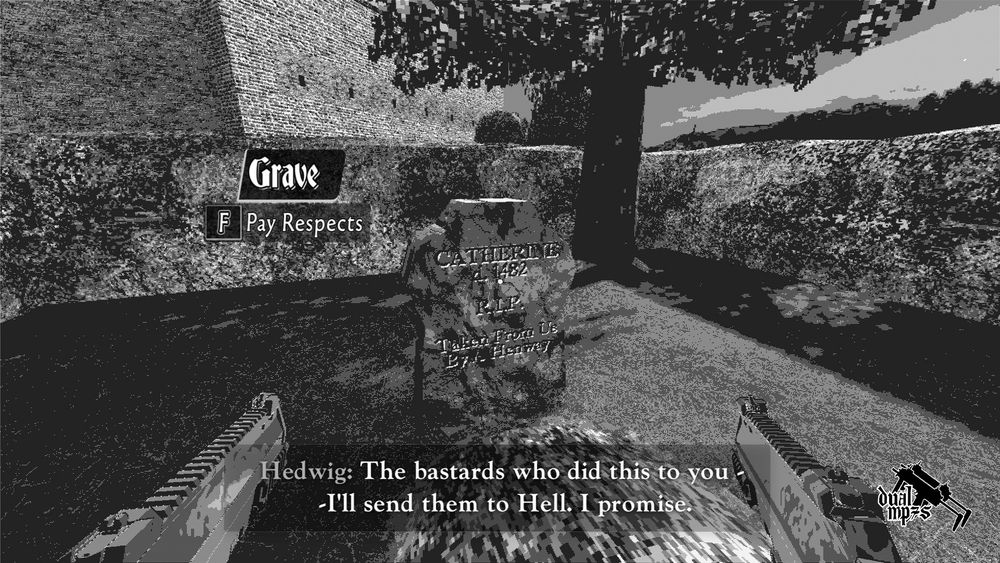 A first person view of a nun holding MP7s akimbo as she looks at a grave in a medieval garden. She pledges vengeance in the name of the interred "Catherine," who was taken by a henway. There is a prompt to pay respects by pressing the interaction key.