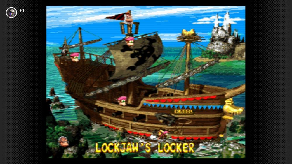 a screenshot of the world map in Donkey Kong Country 2, running on the Switch emulator. There is a filter to replicate a CRT television 