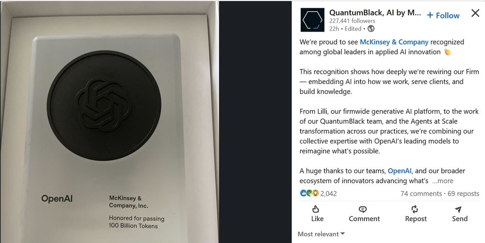 LinkedIn lobhudelei; die Firma 'QuantumBlack AI' lobt McKinsey dafür, stand Oktober 2025 100 Billionen Tokens bei OpenAI verwendet zu haben. Teil des Posts ist ein Foto einer dummen Trophäe/Auszeichnung