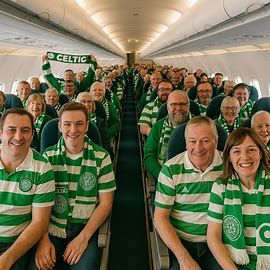AI art of a collection of Glasgow Celtic fans on an airplane. Somehow, AI cannot figure out that it is one butt per seat.