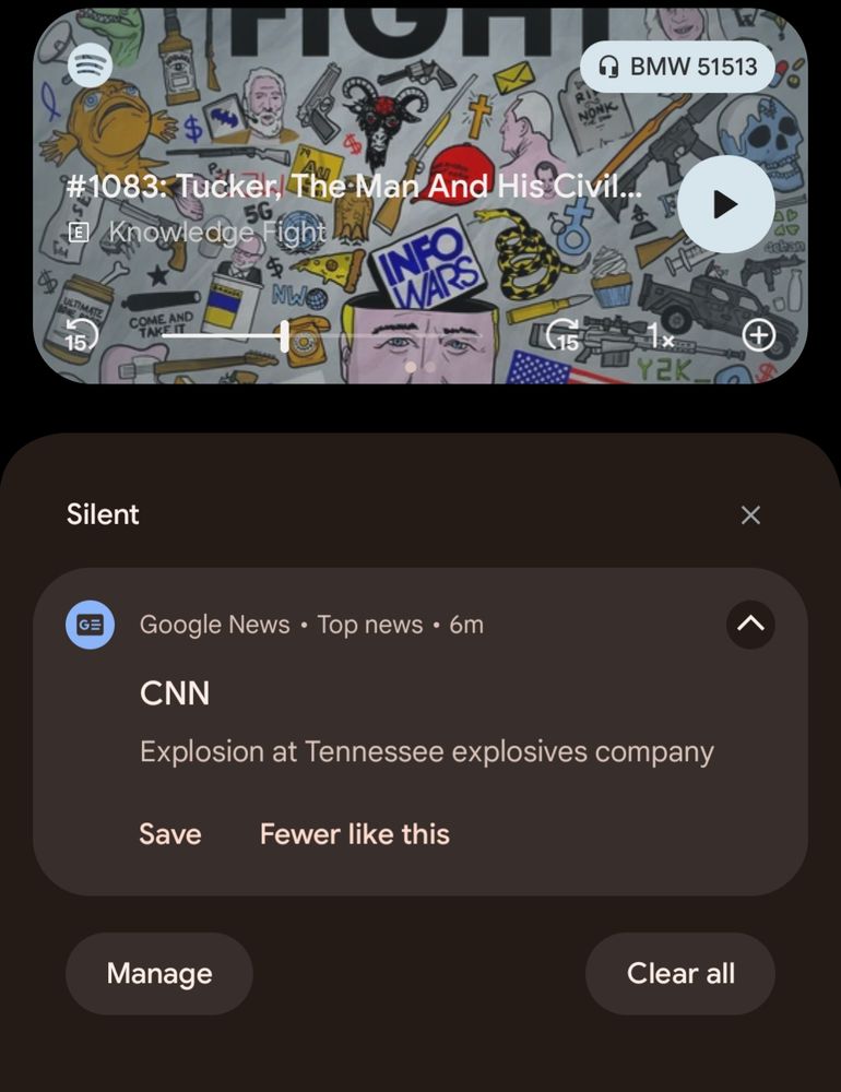 Screenshot of my notifications tab with a CNN headline reading "Explosion at Tennessee explosives company"