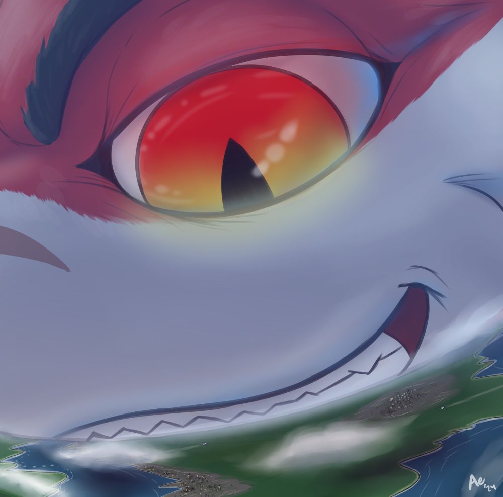 Oric taking up the horizon of the planet looking down at a tiny city.

The entire country is smaller than his eye.