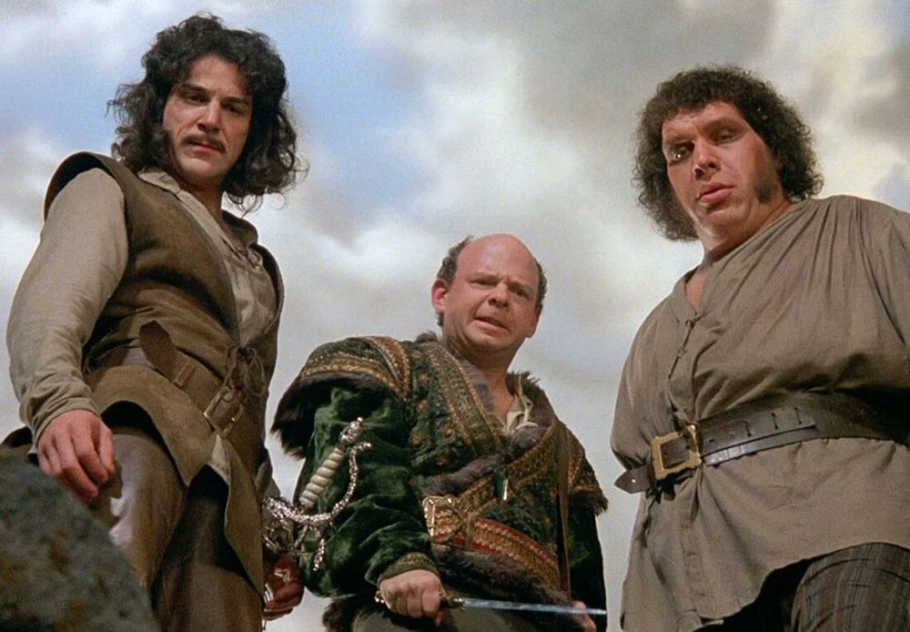 Inigo, Vizzini, and Fezzik look over the Cliffs of Insanity in The Princess Bride