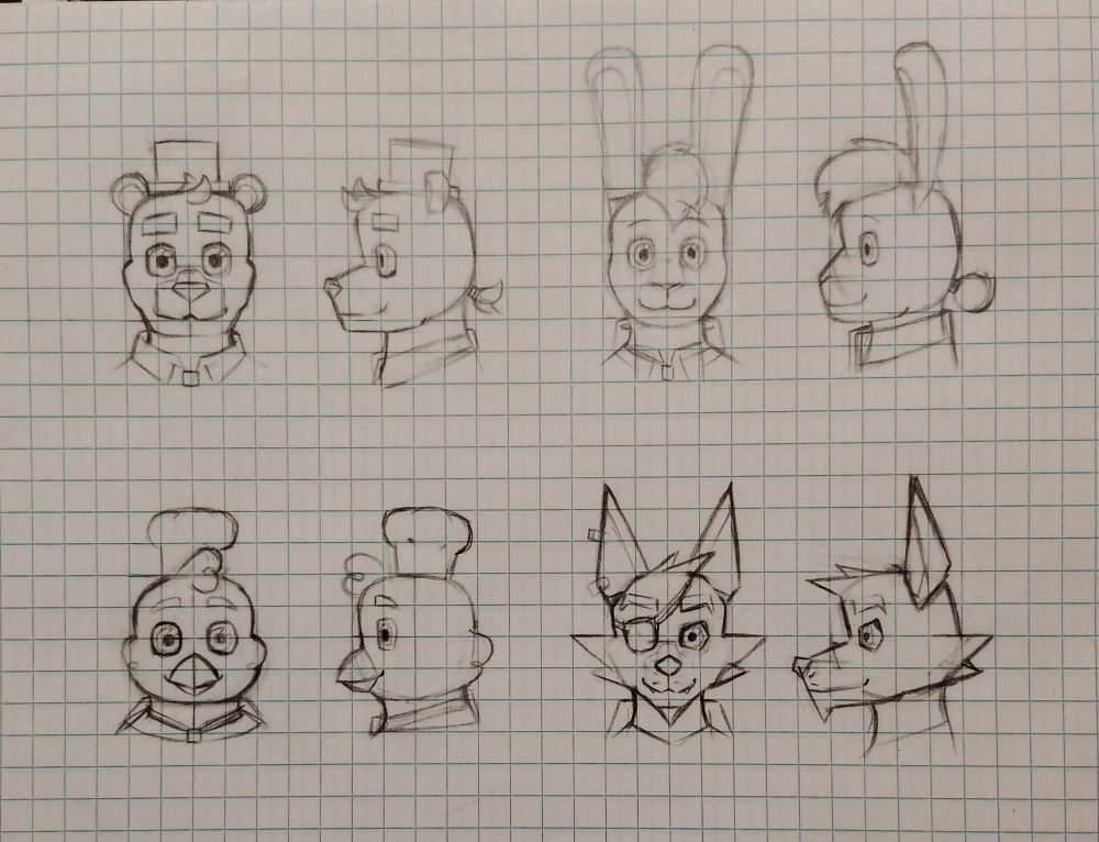 Front and side profile sketches of Freddy, Bonnie, Chica, and Foxy