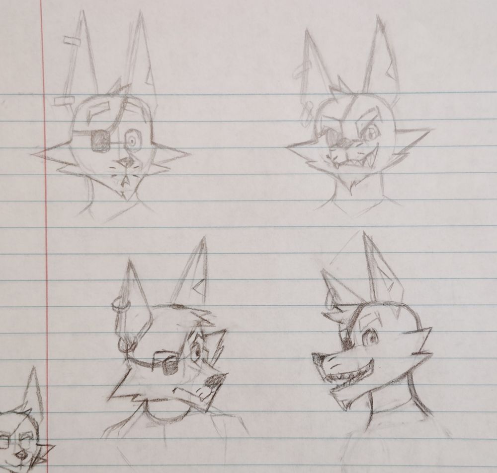 Multiple headshot sketches of Foxy from Five Nights at Freddy's with various expressions 