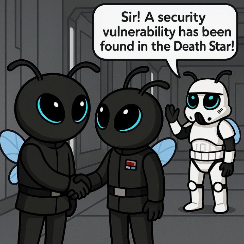 Two bee-like characters in Imperial uniforms are shaking hands in a hallway of the Death Star. A stormtrooper bee rushes in from the background, raising a hand and shouting, “Sir! A security vulnerability has been found in the Death Star!” The scene humorously blends Star Wars elements with cybersecurity themes using insect characters.