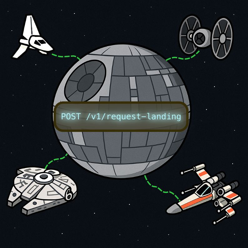 A cartoon-style illustration of the Death Star with a glowing terminal-like label that reads POST /v1/request-landing. Four spacecraft—an Imperial shuttle, a TIE fighter, the Millennium Falcon, and an X-wing—are shown connecting to the Death Star via dotted green lines, symbolizing API requests for landing access. The background is a starry space scene.