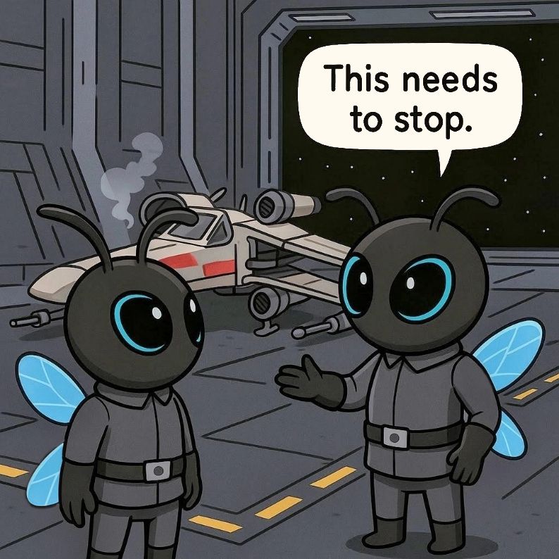 Two cartoon bee-like characters dressed in dark Imperial-style uniforms stand in a hangar with an X-wing starfighter in the background. One bee gestures seriously toward the other and says, “This needs to stop.” The scene is styled like a humorous sci-fi comic, combining Star Wars aesthetics with anthropomorphic bee characters.