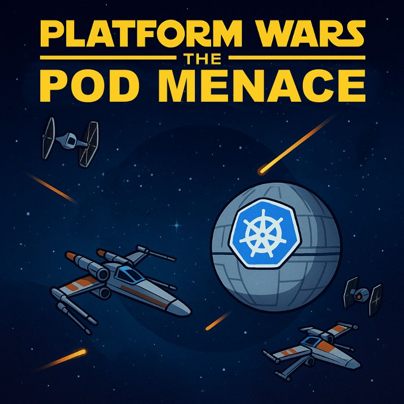 A Star Wars-themed parody illustration titled "Platform Wars: The Pod Menace." It features a Kubernetes logo stylized as the Death Star in space. Surrounding it are X-wing and TIE fighter-style spacecraft, with orange laser blasts streaking through the starry background. The design mimics a dramatic sci-fi battle scene.
