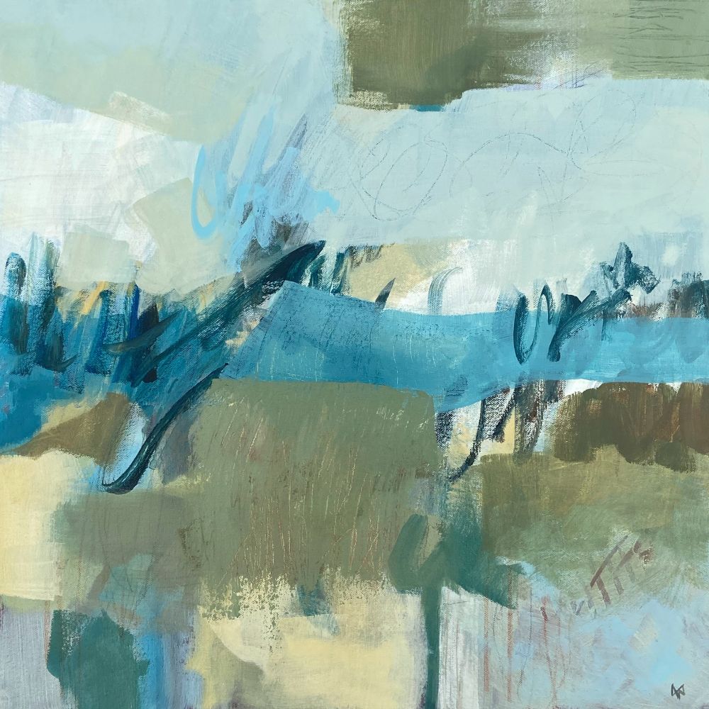 An abstract painting in soft greens and blues with dark calligraphic marks suggesting trees in a cloudy, foggy landscape.