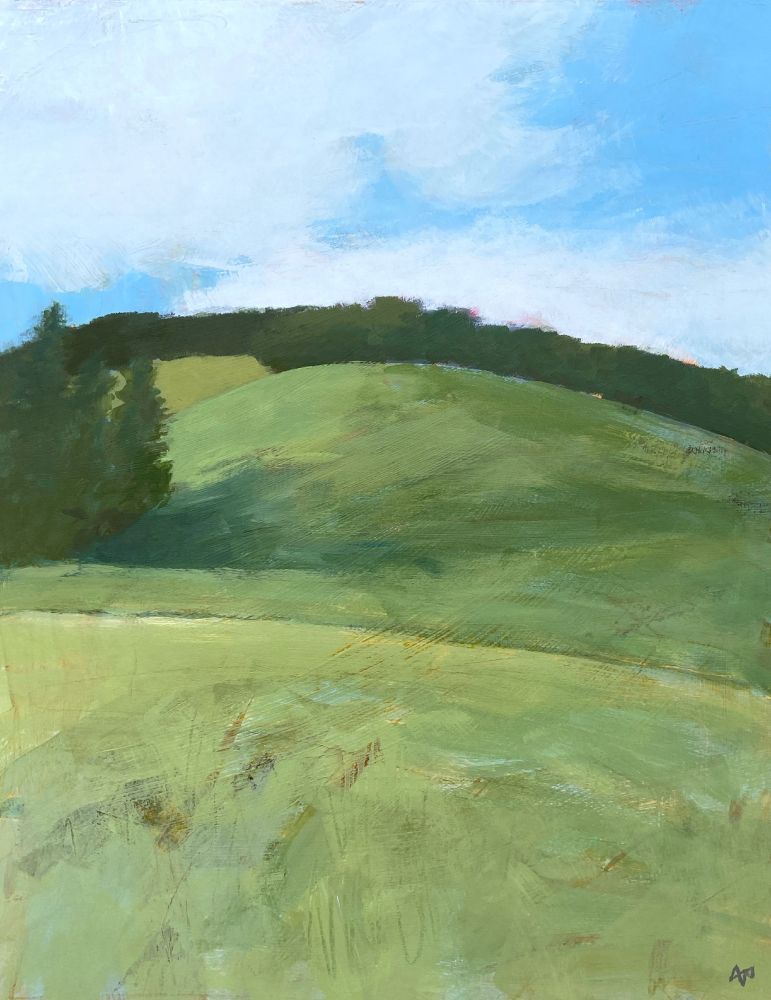 An abstract landscape painting with expressive brush marks and texture showing a green hillside rising up to the sky with a treeline at the top of the hill and a clump of evergreens up to the left casting a shadow on the hillside. Light is coming from the partly cloudy blue sky above.