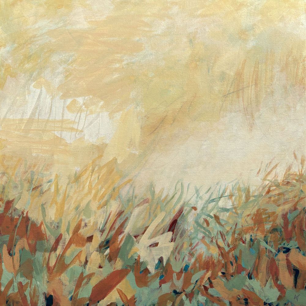 An abstract landscape painting with expressive marks in green and orange in the bottom foreground giving way to a warm yellow ochre sky punctuated witth marks and scratches.