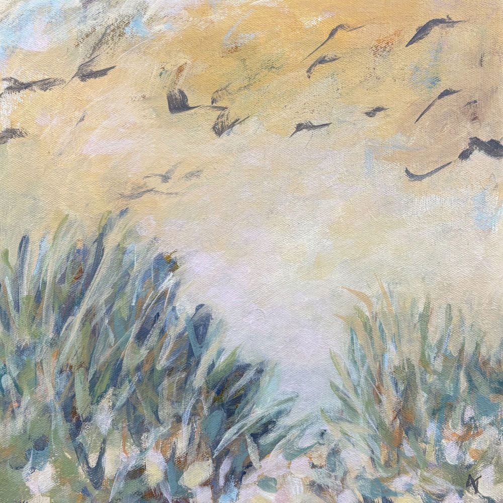 A semi-abstract painting on canvas in soft greens and yellow suggesting a beach scene with grasses under a yellow sky with expressive marks that may be birds.