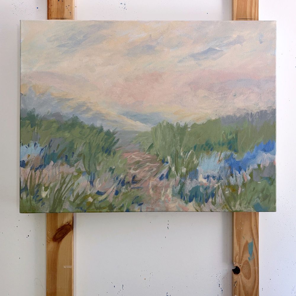 An expressive semi-abstract landscape painting of a mountain vista in soft early morning light.