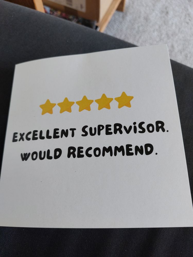 Thank you card with 5 gold stars and text "Excellent Supervisor. Would Recommend"