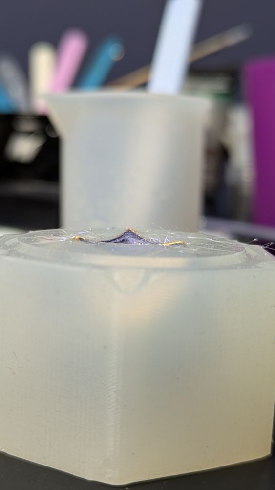 You see a white dice mold, with a pointy purple and gold shape poking out of the opening.