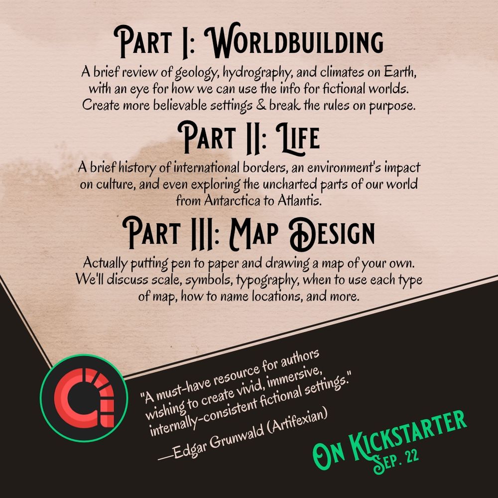 Details on the contents of AGSD. Part 1, Worldbuilding, which covers geology, hydrography, and climates. Part 2, Life, which covers how the environment affects flora, fauna, and people. Part 3, Map Design, which discusses drawing and designing maps (note this is not a how to draw book, this is more about typography, symbol use, etc).