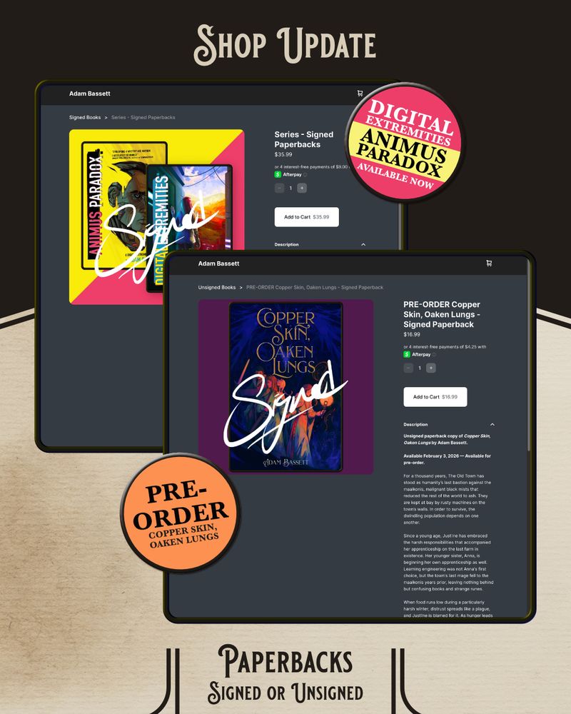 A graphic that displays some items on Adam's personal shop, featuring his cyberpunk and fantasy books.