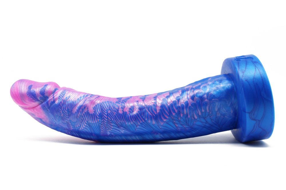 A long realistic dildo with a flared base, done in pink and blue pigment.