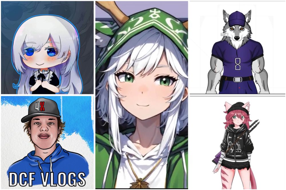 A collage of multiple art pieces (center beign AI), that where sent by a fake art scammer pretending to sell comms, the OG artists were hard to find