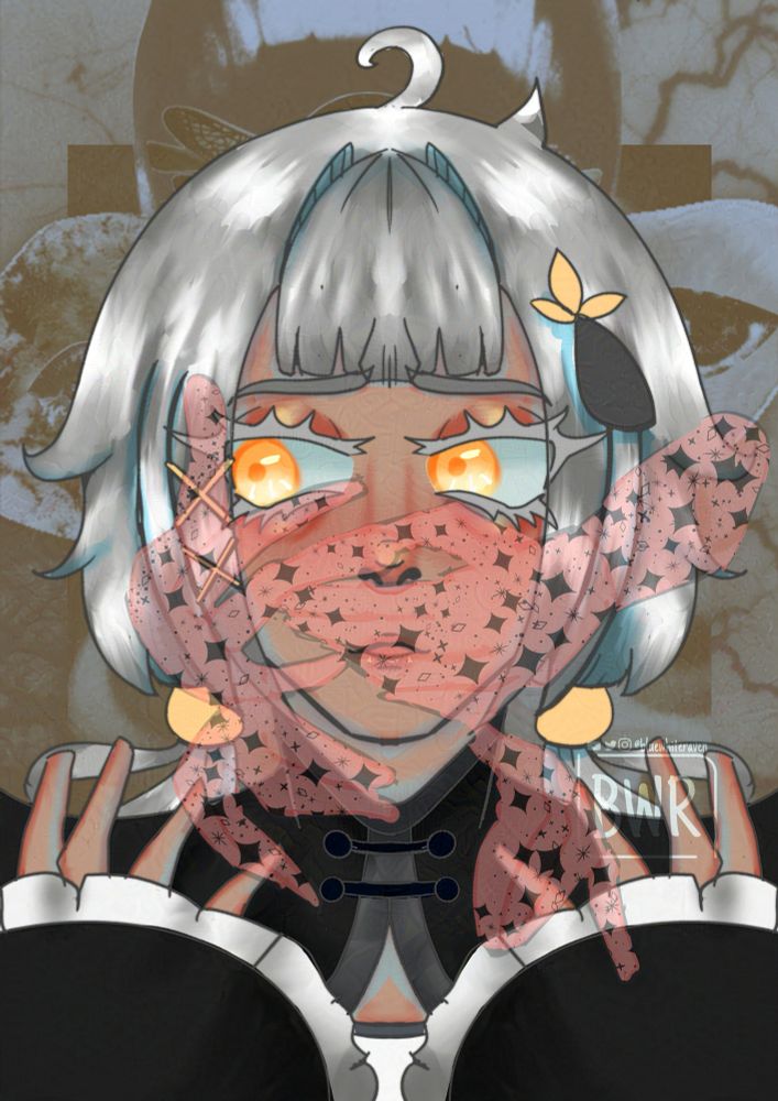 A grey themed magical girl character, with orange and black details, gray hair and two ponytails. Ghostly pink hands are covering her mouth and there’s a collage in the background 