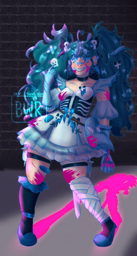 A monochromatic blue character. Blue twin tails with decorations, a collared bow, a skeleton corset, a skirt with an apron, a leg with bandages and one with a cute sock, has a plague doctor mask hanged on the hip, and gloves. And Pink splattered blood