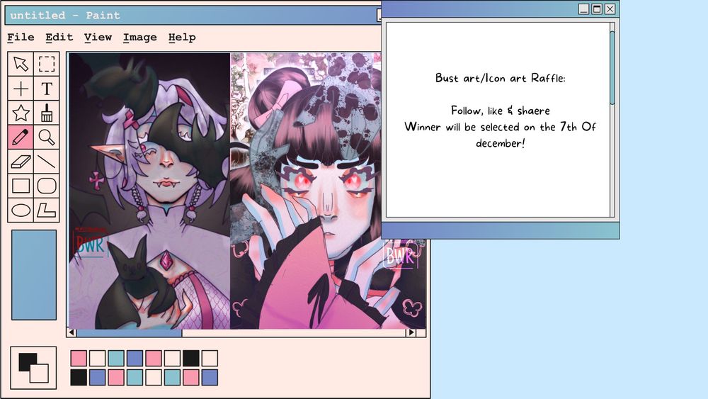 an image that somewhat looks like a windows paint, and another small windowa window, two bust pictures of diferent pink characters

text that reads: "Bust art/icon art raffle" "Follow, like & share" "Winner will be announced on the 7th of december"