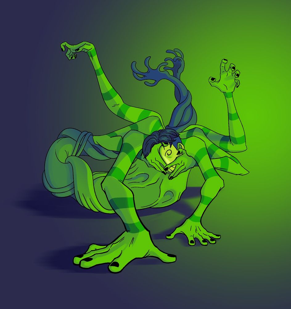 A many-limbed figure crawling towards the screen. He is green, with darker green stripes, and an abstract face held by two hands.