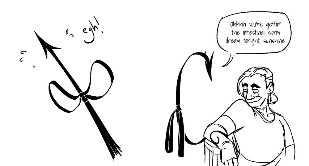 Short, two panel comic of Tobias and the arm demon.

PANEL 1
The demon strains towards the sky, its body tied in a knot.

Demon: Egh!

PANEL 2
The demon "looks" at Tobias while its bow hangs limply. He looks smugly at it in response.

Demon: Ohhhh you're gettin' the intestinal worm dream tonight, sunshine.