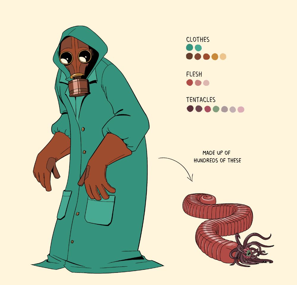 Reference sheet of a figure wearing a teal hooded labcoat, with copper gloves and a copper gas mask. Beside them is the colour palette, and a segmented red worm with radiating tentacles instead of a face.