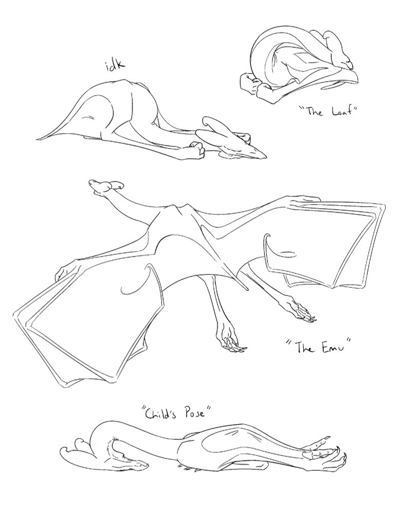 Pterosaur-like aliens in various sleeping positions labelled, from top to bottom, left to right: idk, "The Loaf", "The Emu" and "Child's Pose".