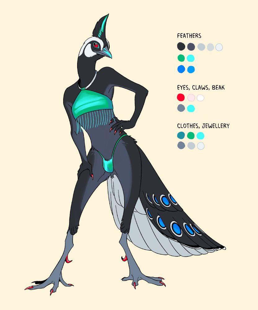 Reference of an anthro palawan peacock pheasant wearing an iridescent turquoise crop top and thong. The claws on both their hands and feet are painted red.