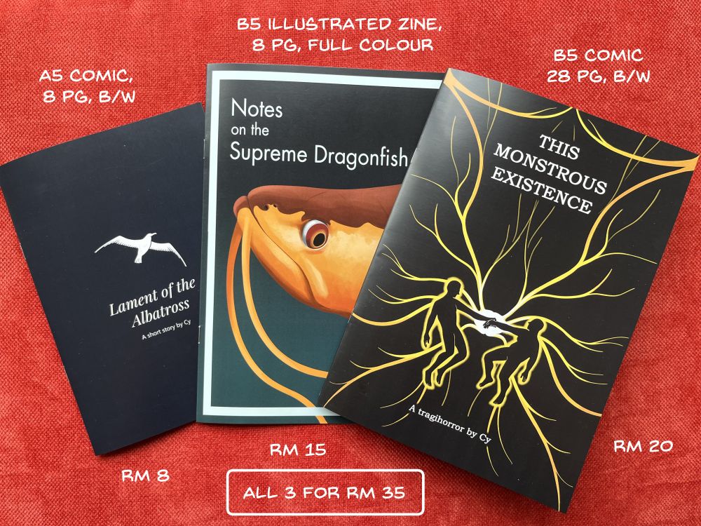 Comics and zines laid out on a red fabric background.

A5 comic, 8 pg, b/w, RM 8
B5 illustrated zine, 8 pg, full colour, RM 15
B5 comic, 28 pg, b/w, RM 20
All 3 for RM 35