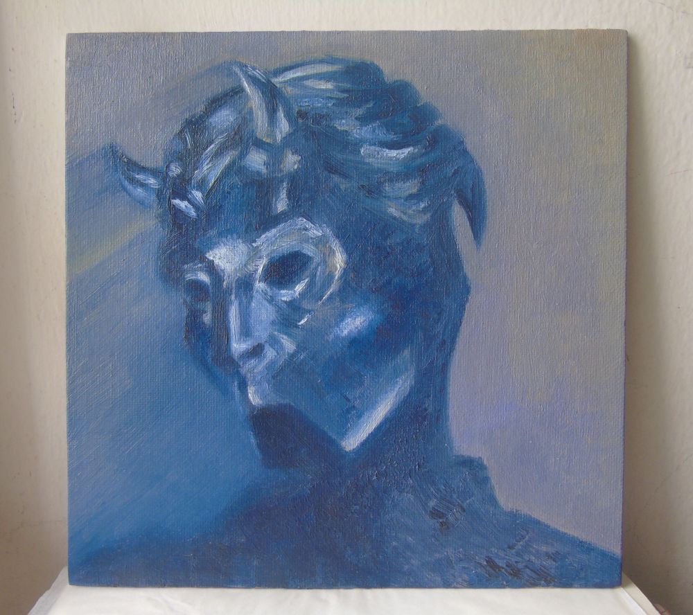 An Era 4 nameless ghoul from the band Ghost facing the left, painted in shades of blue. Diffused light is shining from behind their head, resulting in a lavender outline to the right and blue streaks on the left. 
