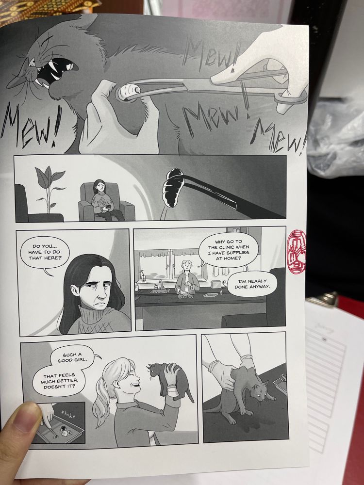 First page of a black and white comic, with a red artist seal stamp in the margins.