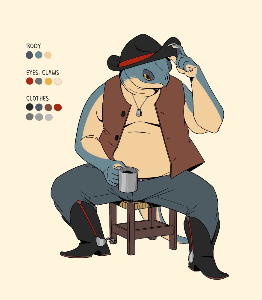 Reference of an anthro snapping turtle cowboy. He is wearing a stetson, an open waistcoat, jeans, and cowboy boots, and is holding a tin mug.