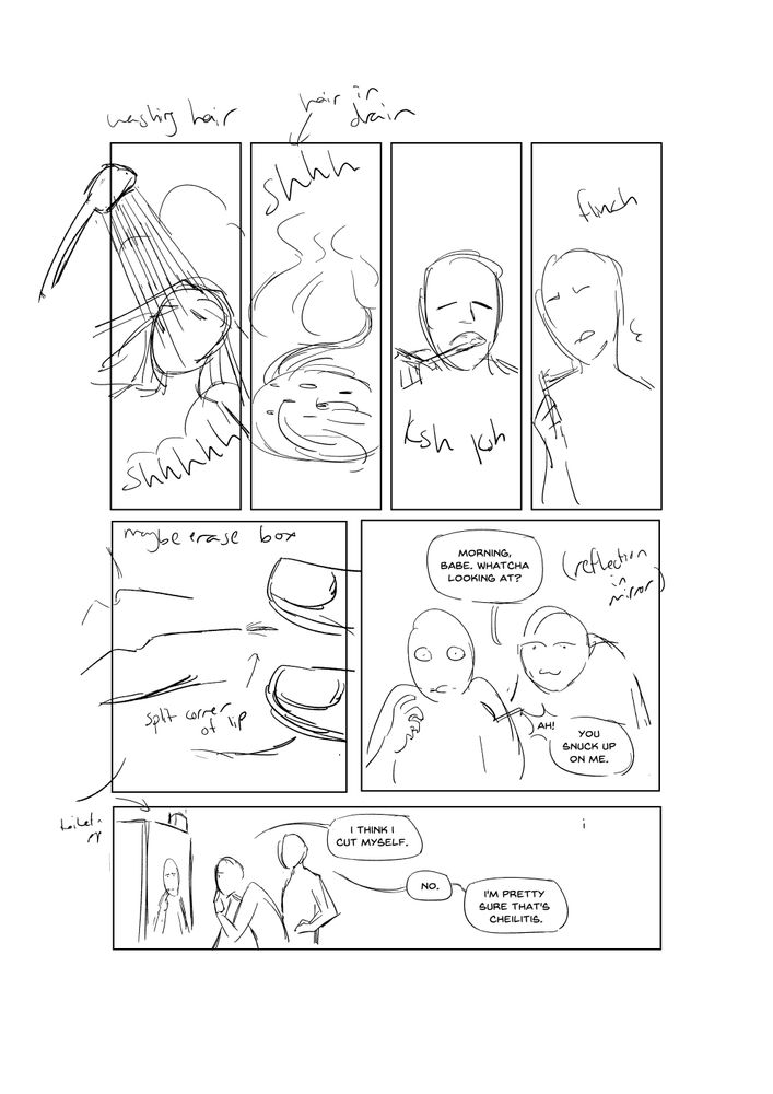 Rough comic page of a person washing their hair, brushing their teeth, then flinching and discovering a crack at the corner of their mouth. Their partner materialises behind them, scaring them. Then, the pair discuss what caused the crack.

DIALOGUE

Partner: Morning babe, whatcha looking at?
Original character: Ah! You snuck up on me. I think I cut myself.
Partner: No. I'm pretty sure that's cheilitis.