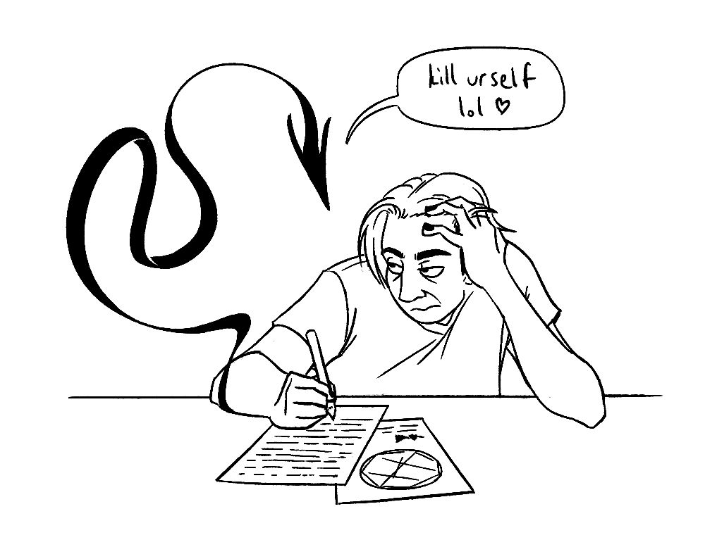 A middle-aged man leaning on the table, taking notes and looking very tired, while a ribbon-like creature with an arrow head extends from his arm to say  "kill urself lol <3"