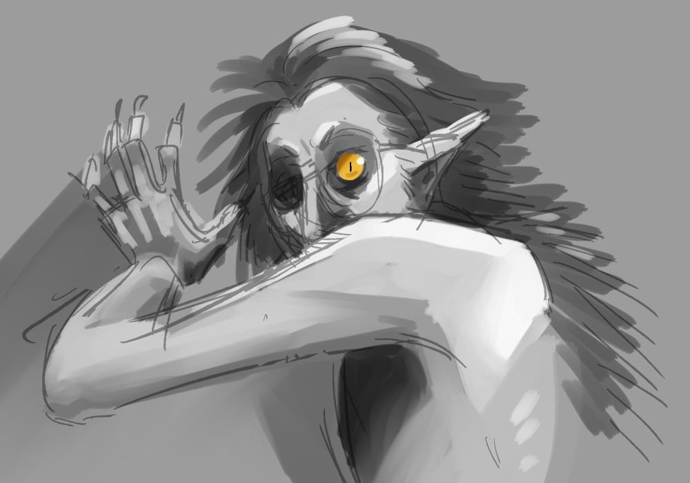 A person with cat features pressed against a wall, hackles raised, golden eye staring directly at the camera.