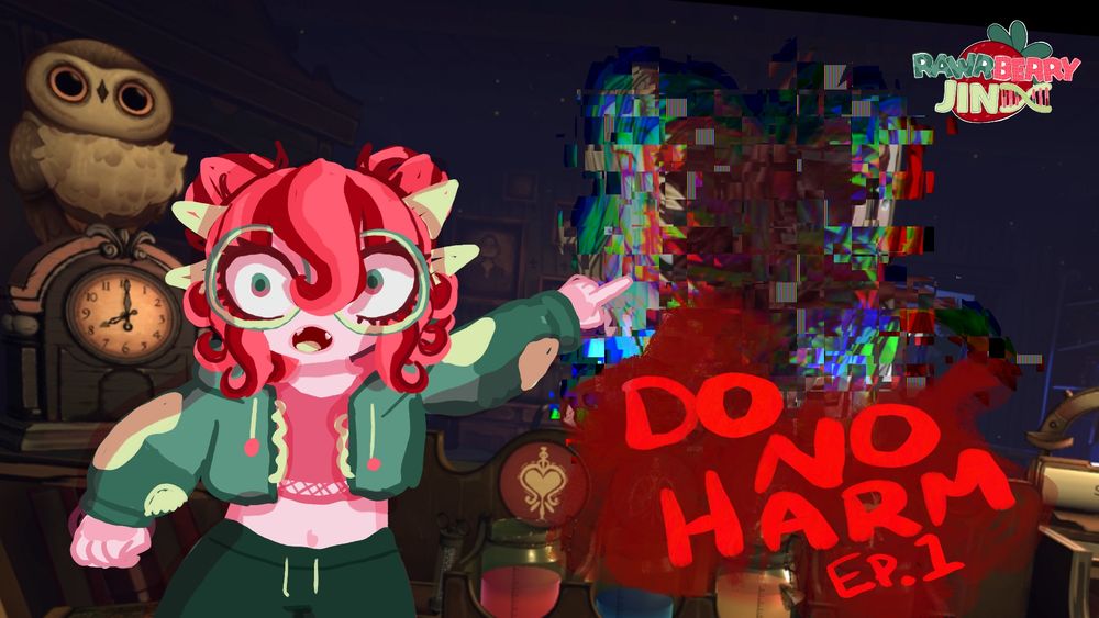 a Do No Harm Thumbnail with a badly drawn picture of Jinx panicked ans pointing at a pixelated and blurred image of some scary thing from the game. 