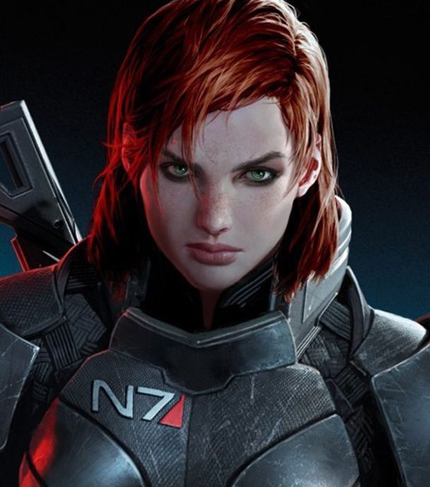 canon Femshep in armor with red hair and green eyes