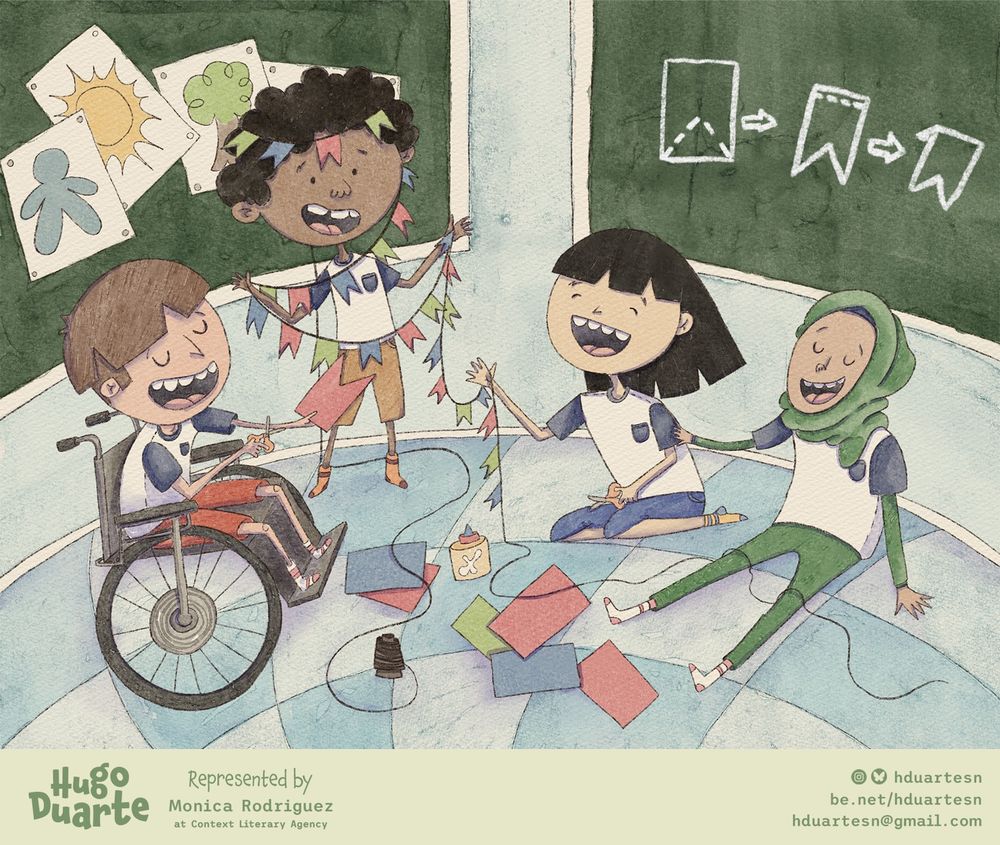 An illustrated image of four kids cutting papers in a school activity.