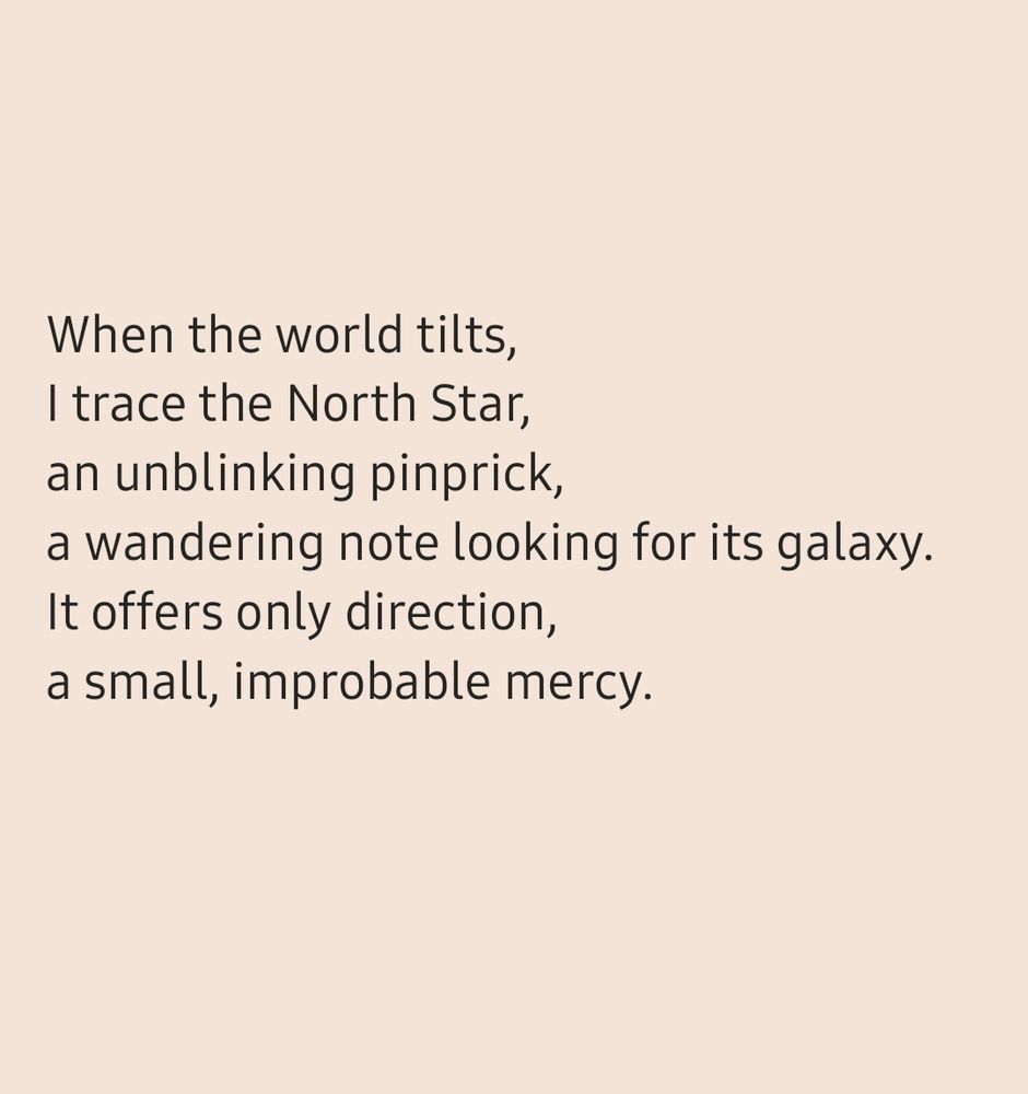 When the world tilts,
I trace the North Star,
an unblinking pinprick,
a wandering note looking for its galaxy.
It offers only direction,
a small, improbable mercy.
