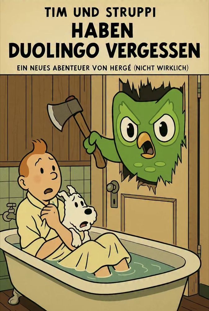 Die Duolingo-Eule bedroht Tim und Struppi, die in der Badewanne sitzen, durch ein Loch in der Tür, dass sie mit einer Axt gehackt hat. Sie schaut grimmig und hält die Axt bedrohlich hich. Titel des Bildes ist: ,,Tim und Struppi haben Duolingo vergessen.."
