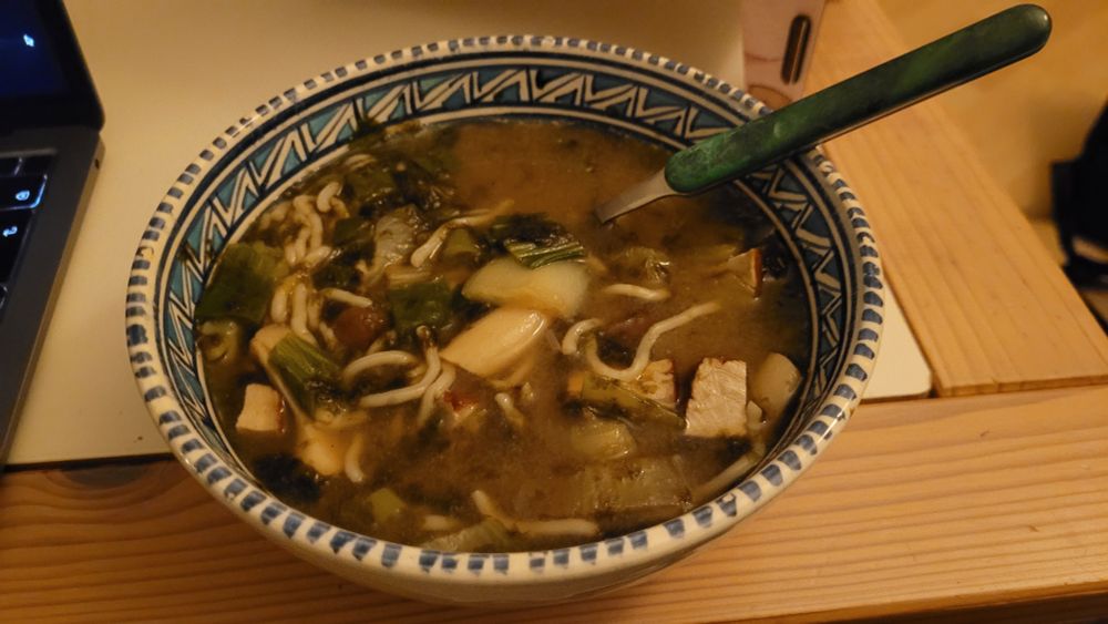 Die fertige Misosuppe in einer Schale mit Löffel