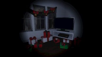 Screengrab from my horror game of a flashlight illuminating a TV surrounded by presents.