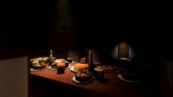 A Dimly lit table covered in uneaten food and drink items. Past the table a door, illuminated by a spotlight, sits at the end of a dark hallway.