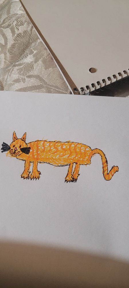Marker drawing of an orange cat on white paper